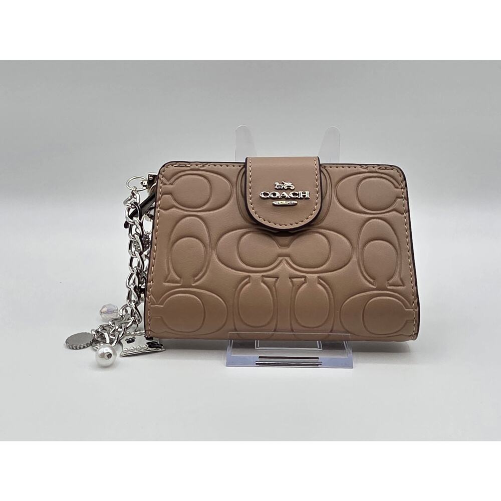 Coach Wallet Beige Signature Debossed Leather Snap Zip Charm Chain Like New